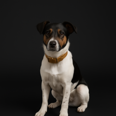 Schwarzer und weißer Hund mit braunem Halsband, sitzt auf schwarzem Hintergrund. Schwarzer und weißer Hund mit braunem Halsband, sitzt auf schwarzem Hintergrund.