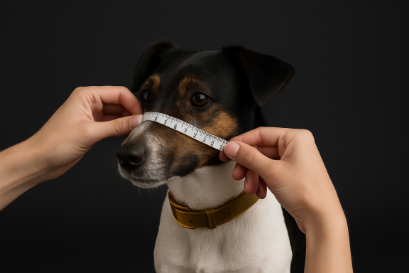 Eine Hand misst die Schnauze eines Hundes mit einem Maßband vor schwarzem Hintergrund. Eine Hand misst die Schnauze eines Hundes mit einem Maßband vor schwarzem Hintergrund.