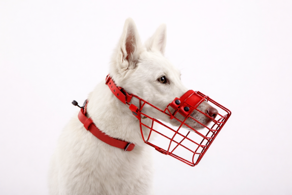 Ein weißer Hund trägt einen roten Maulkorb und ein rotes Geschirr. Ein weißer Hund trägt einen roten Maulkorb und ein rotes Geschirr.