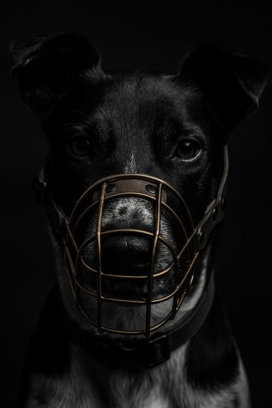 Schwarzer Hund mit einem Metallmaulkorb vor dunklem Hintergrund. Schwarzer Hund mit einem Metallmaulkorb vor dunklem Hintergrund.