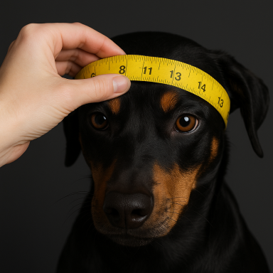 Ein schwarzer Hund wird mit einem Maßband an der Stirn gemessen. Ein schwarzer Hund wird mit einem Maßband an der Stirn gemessen.